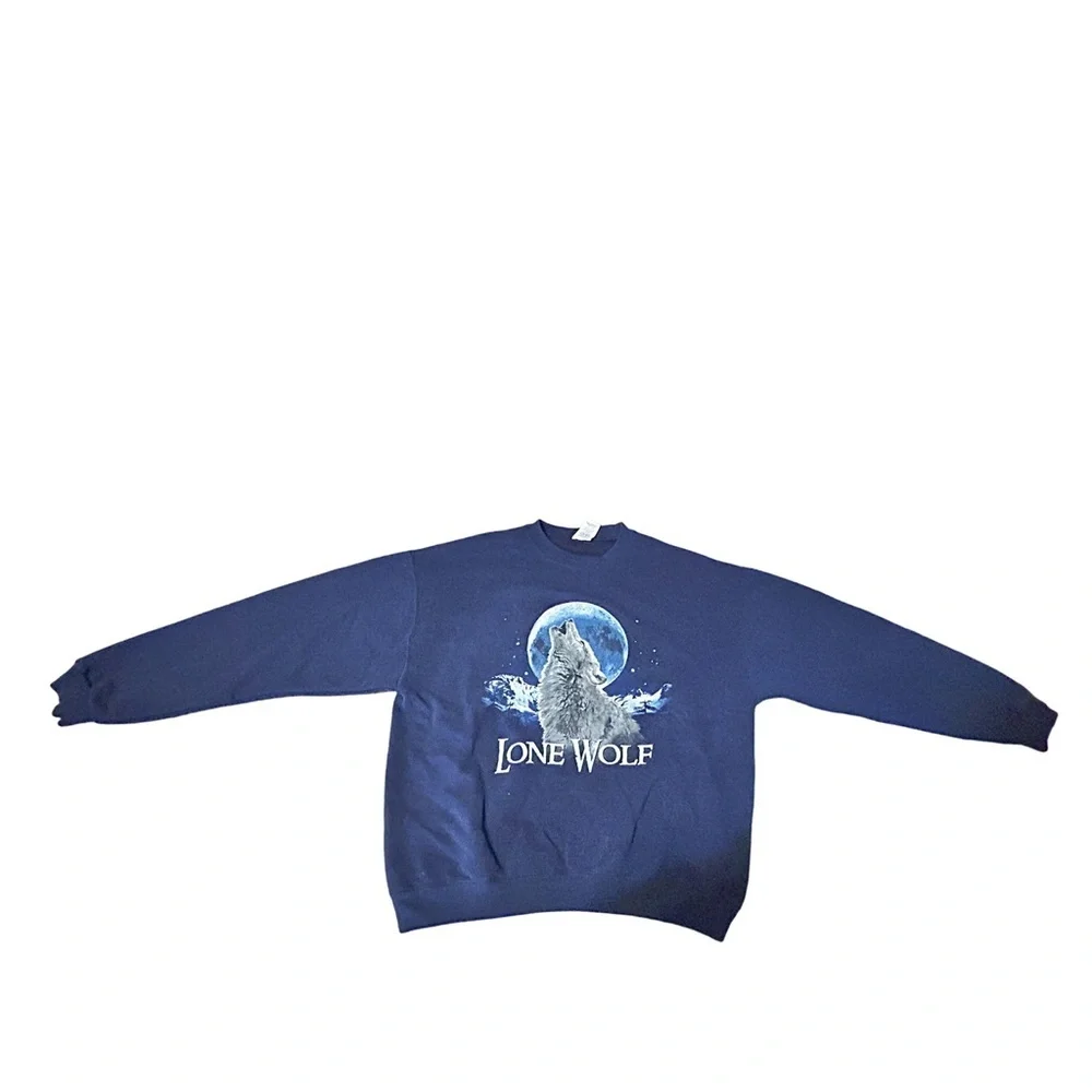 Vintage Jerzees Lone Wolf Moon Graphic Sweatshirt Size L Navy - Picture 3 of 13